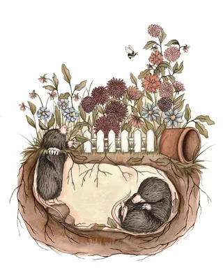Two moles in underground burrow with flowers and a bee above