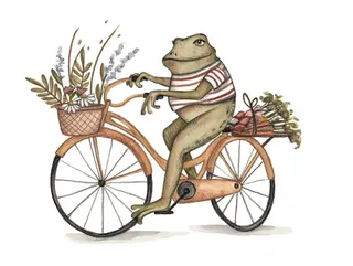 Frog wearing striped shirt riding bicycle with flowers in baskets