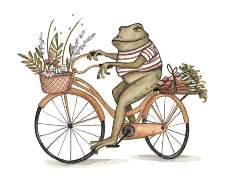 Frog wearing striped shirt riding bicycle with flowers in baskets