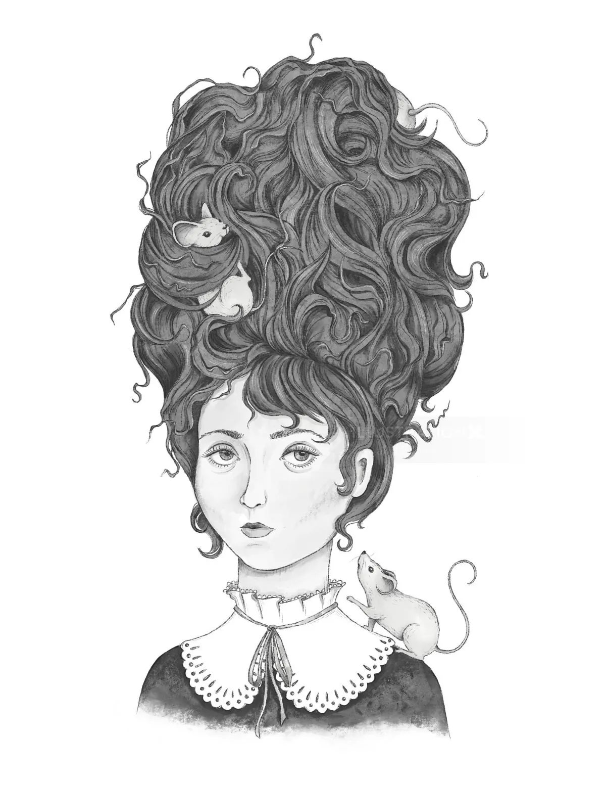 Black and white illustration of woman with large curly hair and two mice