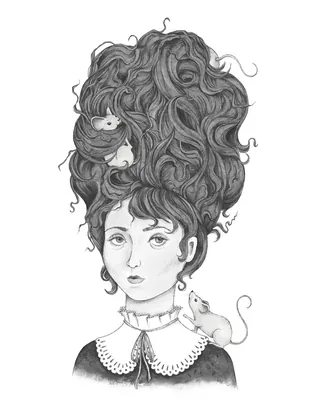 Black and white illustration of woman with large curly hair and two mice