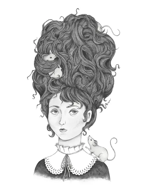 Black and white illustration of woman with large curly hair and two mice