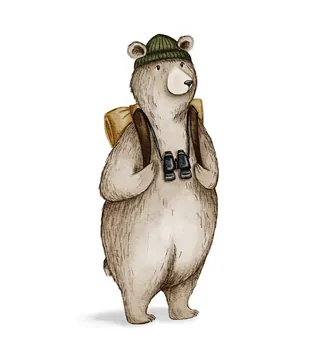 Illustration of a bear wearing a green beanie and carrying binoculars
