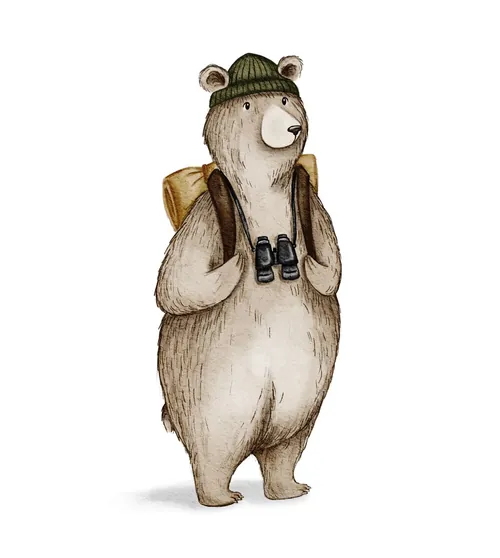 Illustration of a bear wearing a green beanie and carrying binoculars