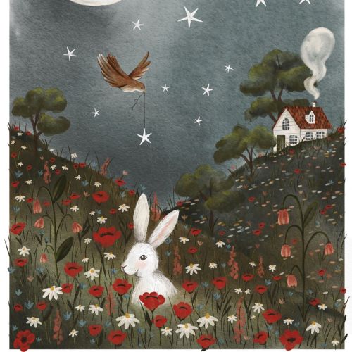 White rabbit in flower field under crescent moon and stars with birds and cottage