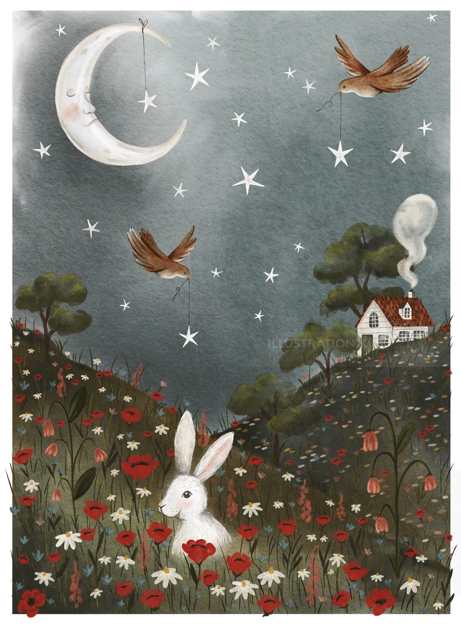 White rabbit in flower field under crescent moon and stars with birds and cottage