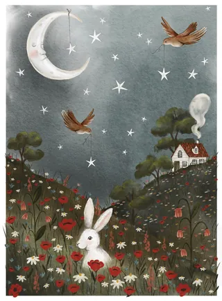 White rabbit in flower field under crescent moon and stars with birds and cottage