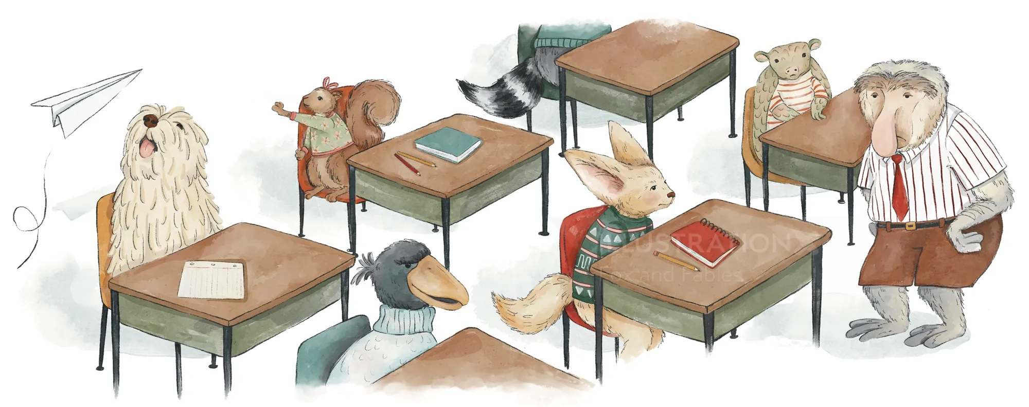 Illustration of animals and teacher in classroom with desks and books