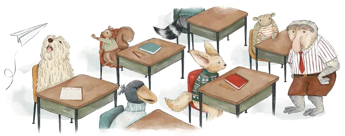 Illustration of animals and teacher in classroom with desks and books