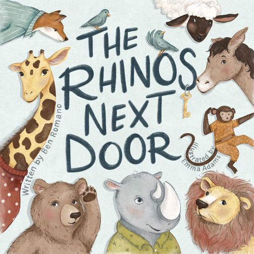 Illustration of various animals around the text The Rhinos Next Door