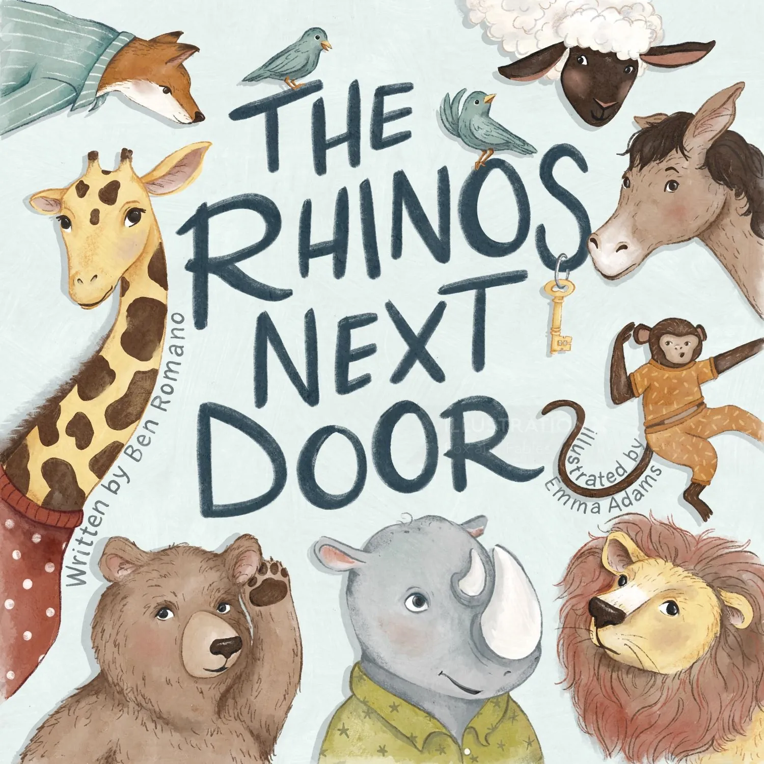 Illustration of various animals around the text The Rhinos Next Door