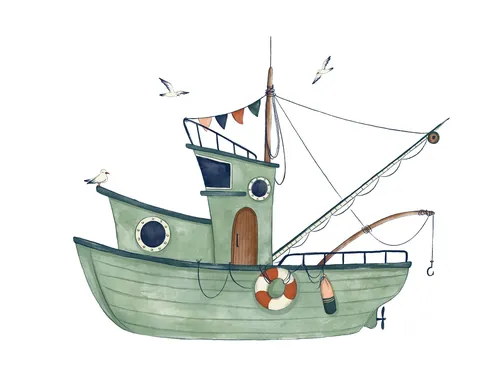 Green fishing boat with flags and seagulls on white background