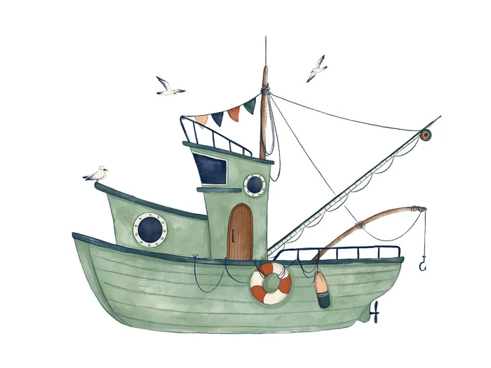 Green fishing boat with flags and seagulls on white background