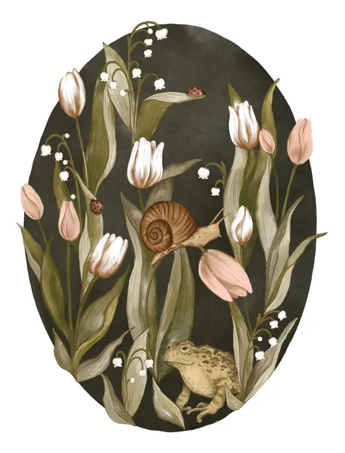 Toad, snail, ladybugs among tulips and lily of the valley flowers illustration