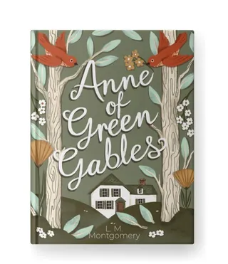 Book cover of Anne of Green Gables with house, trees, and birds