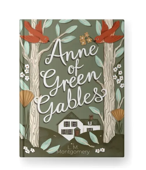 Book cover of Anne of Green Gables with house, trees, and birds