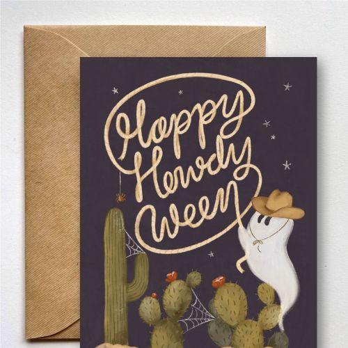 Halloween card featuring ghost in cowboy hat near cacti