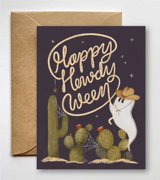 Halloween card featuring ghost in cowboy hat near cacti
