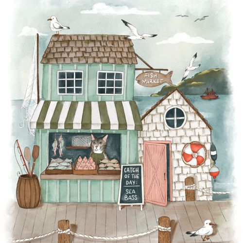 Seaside fish market with cats, seagulls, and fishing gear on dock