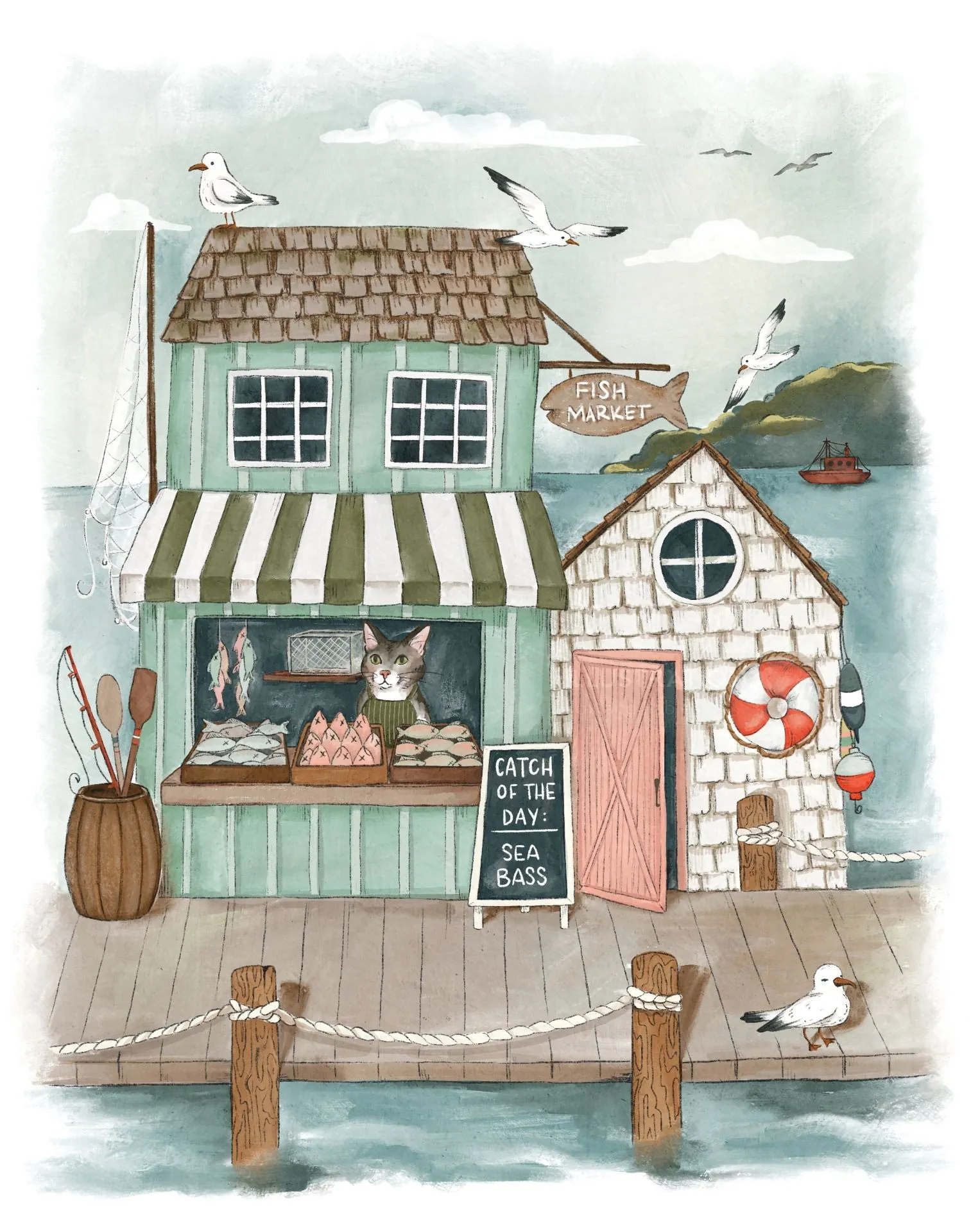 Seaside fish market with cats, seagulls, and fishing gear on dock
