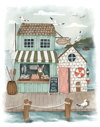 Seaside fish market with cats, seagulls, and fishing gear on dock