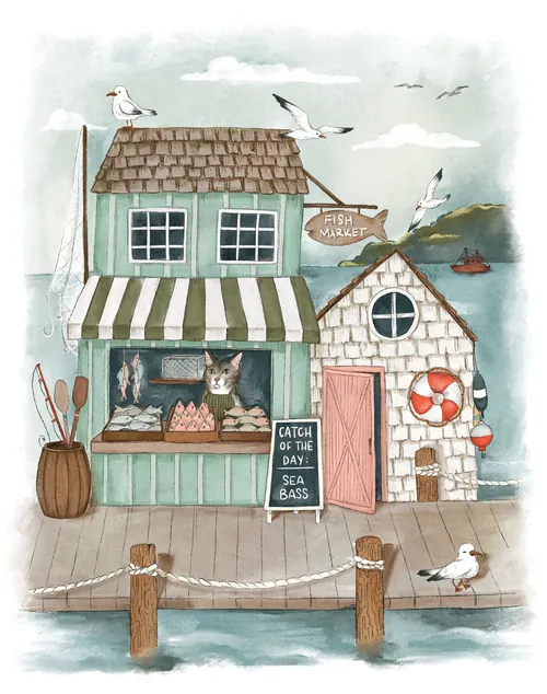 Seaside fish market with cats, seagulls, and fishing gear on dock
