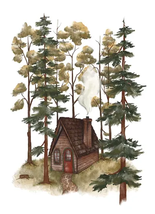 Small cabin with smoke coming from chimney among tall pine trees