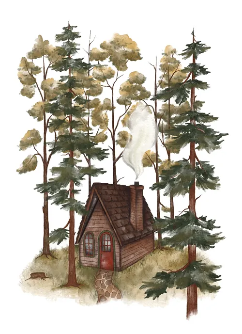 Small cabin with smoke coming from chimney among tall pine trees