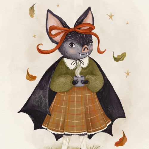 Bat wearing a dress, cape, and red bow holding a cup