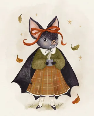 Bat wearing a dress, cape, and red bow holding a cup