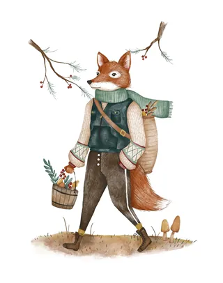 Fox dressed in warm clothes carrying basket walking outdoors