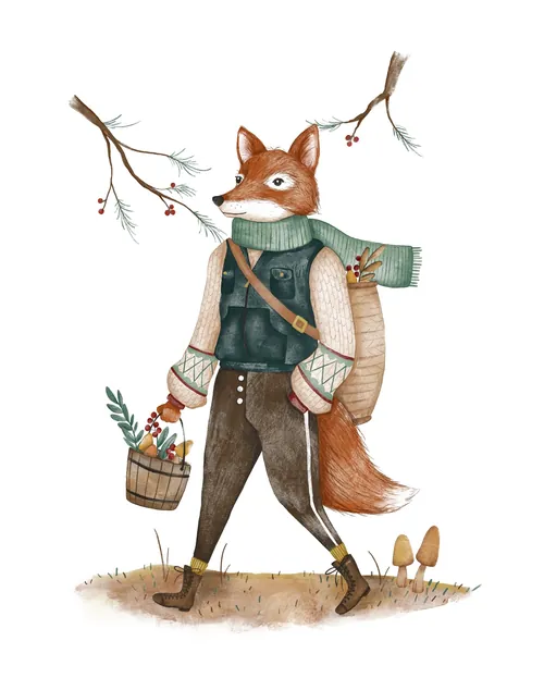 Fox dressed in warm clothes carrying basket walking outdoors