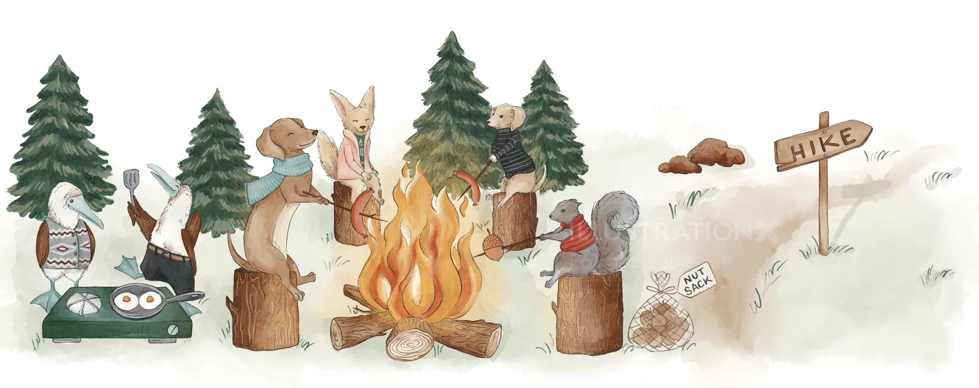 Animals camping around a campfire in the woods with a hike sign