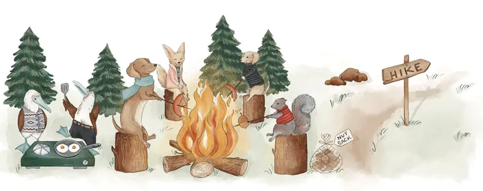 Animals camping around a campfire in the woods with a hike sign