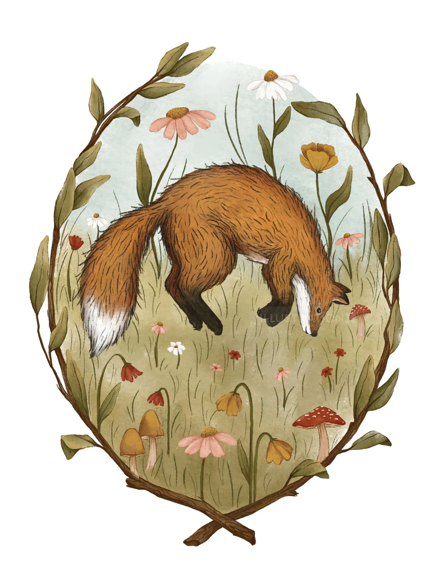 Fox sniffing flowers in a meadow with mushrooms and plants