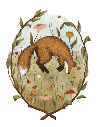 Fox sniffing flowers in a meadow with mushrooms and plants