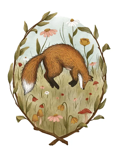 Fox sniffing flowers in a meadow with mushrooms and plants