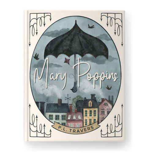 Mary Poppins book cover with umbrella and town illustration