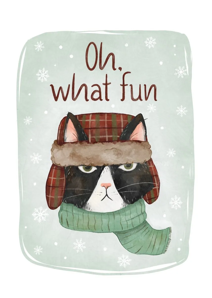 Grumpy cat in winter hat and scarf with snowflakes and text