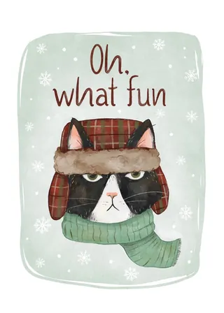 Grumpy cat in winter hat and scarf with snowflakes and text