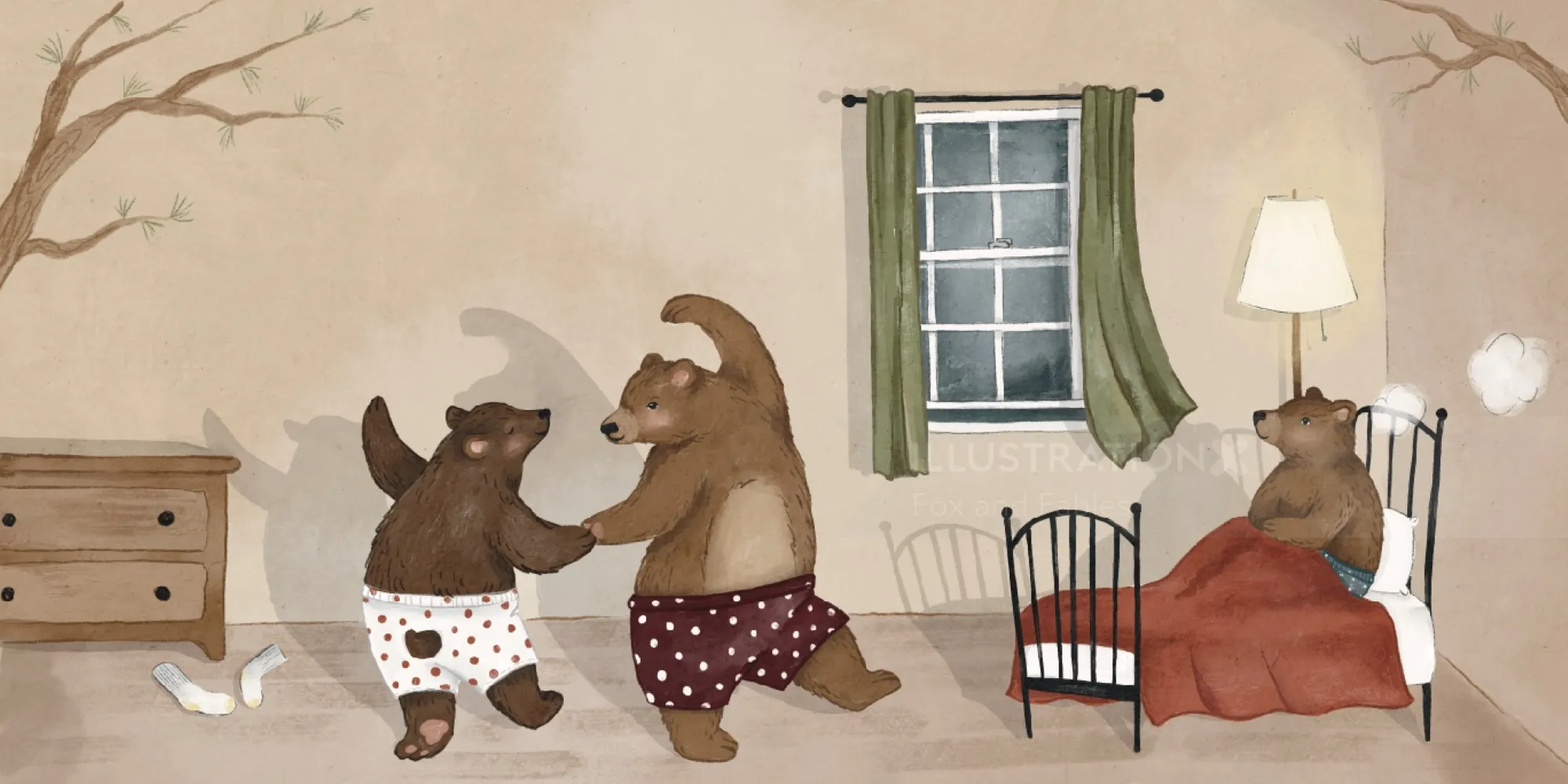 Two rhinos in pajamas talking and one rhino in bed in a cozy room