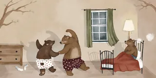 Two rhinos in pajamas talking and one rhino in bed in a cozy room