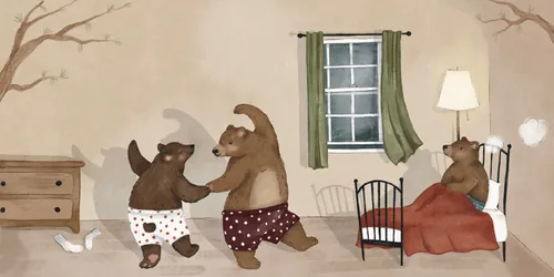 Two rhinos in pajamas talking and one rhino in bed in a cozy room