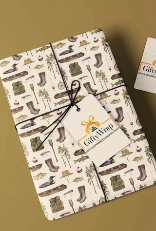 Outdoor gear themed wrapping paper with boots and hats