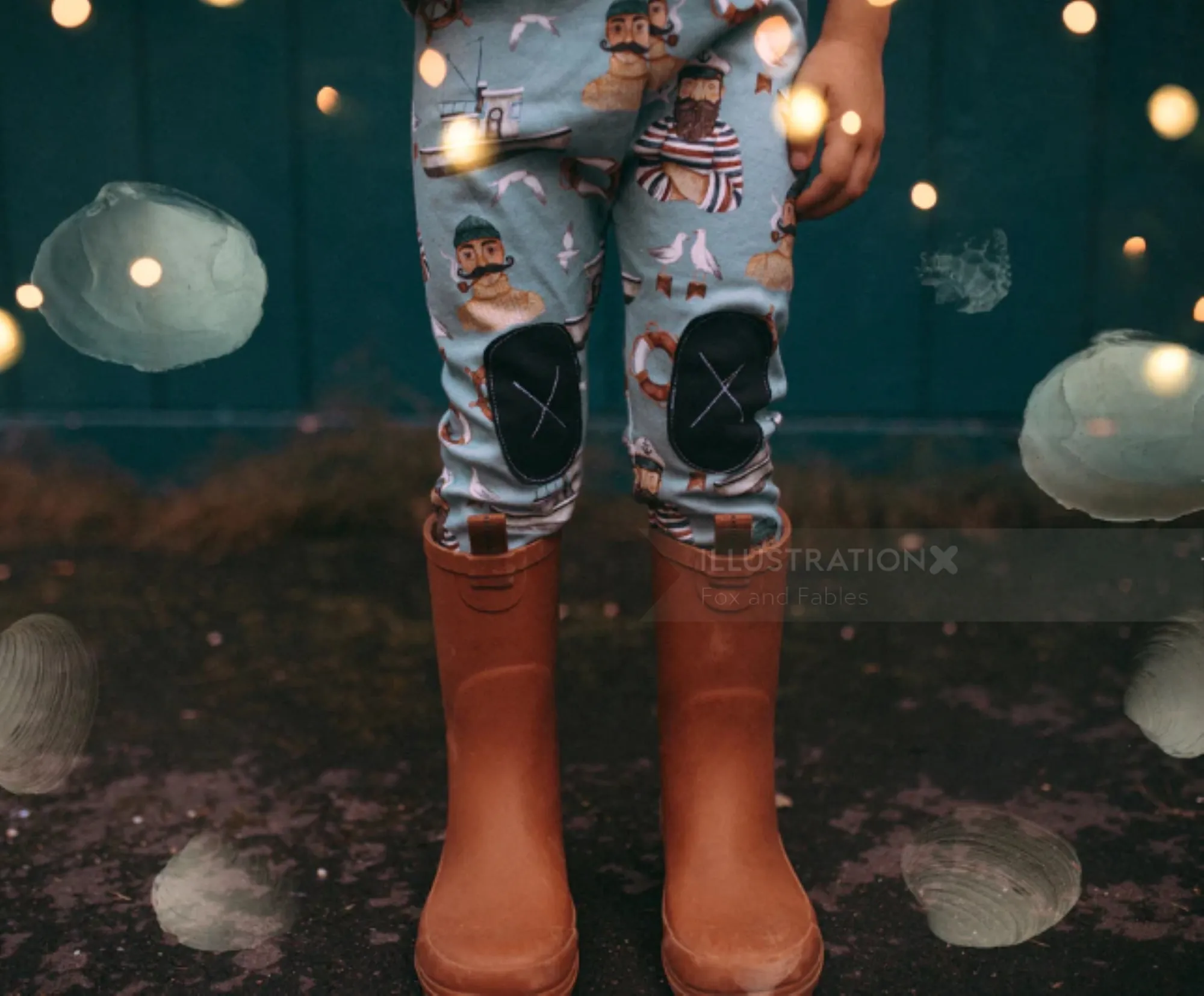 Child wearing patterned pants and brown boots with string lights