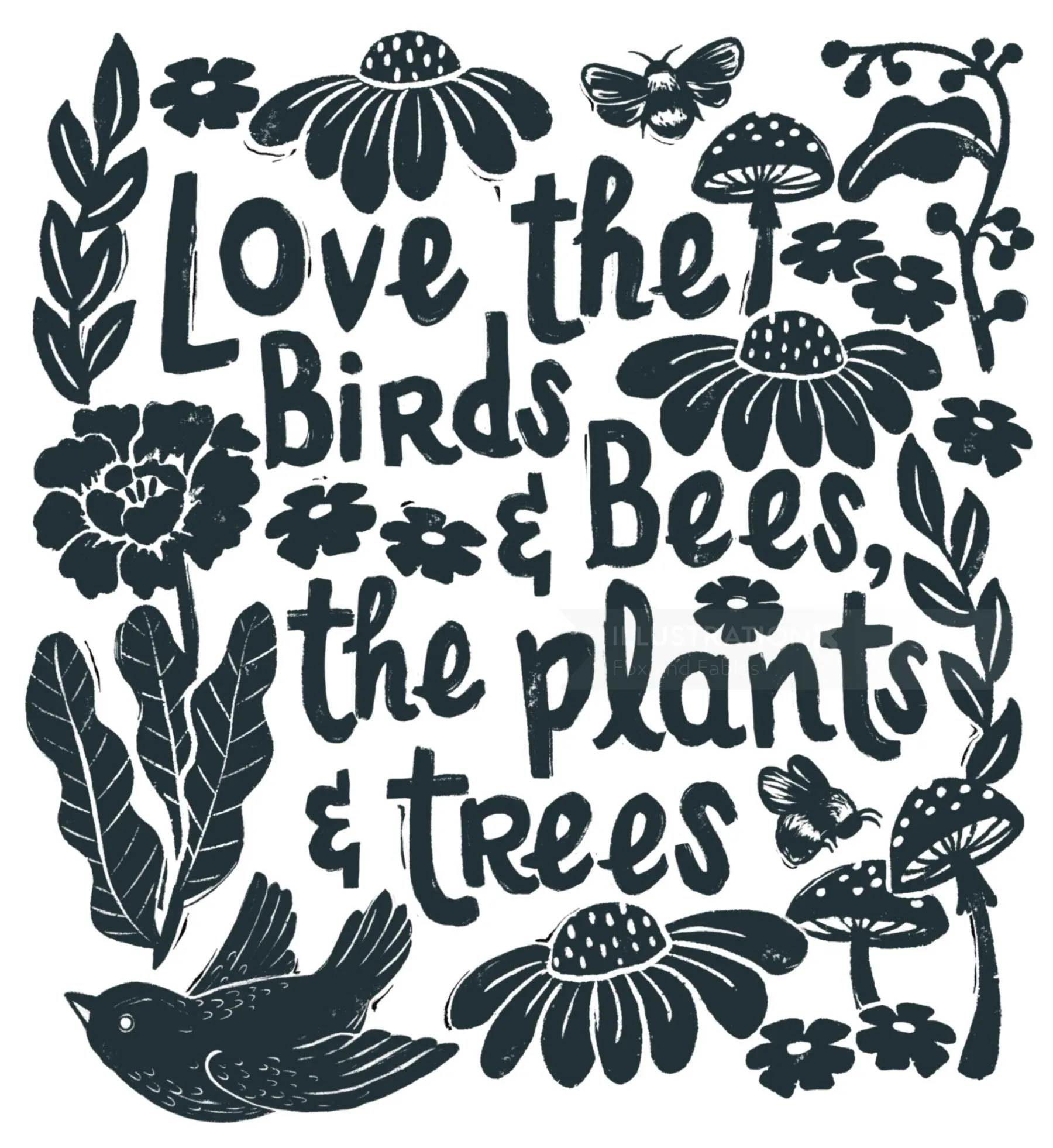 Nature-themed illustration with birds, bees, plants, and handwritten text