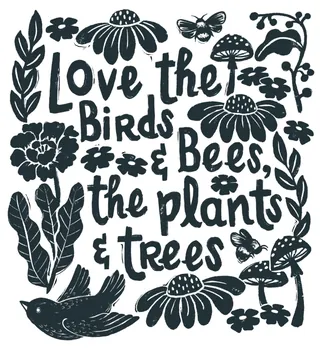 Nature-themed illustration with birds, bees, plants, and handwritten text