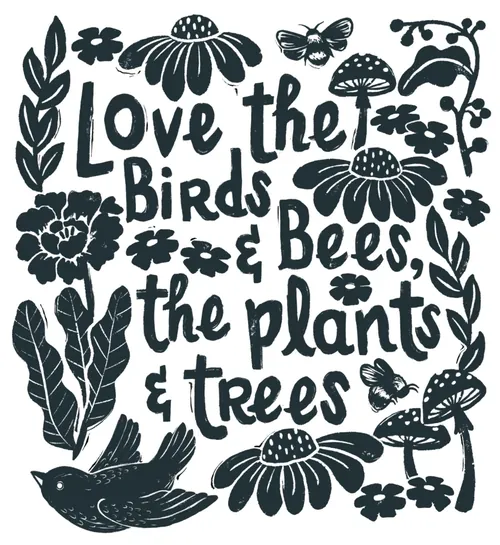 Nature-themed illustration with birds, bees, plants, and handwritten text