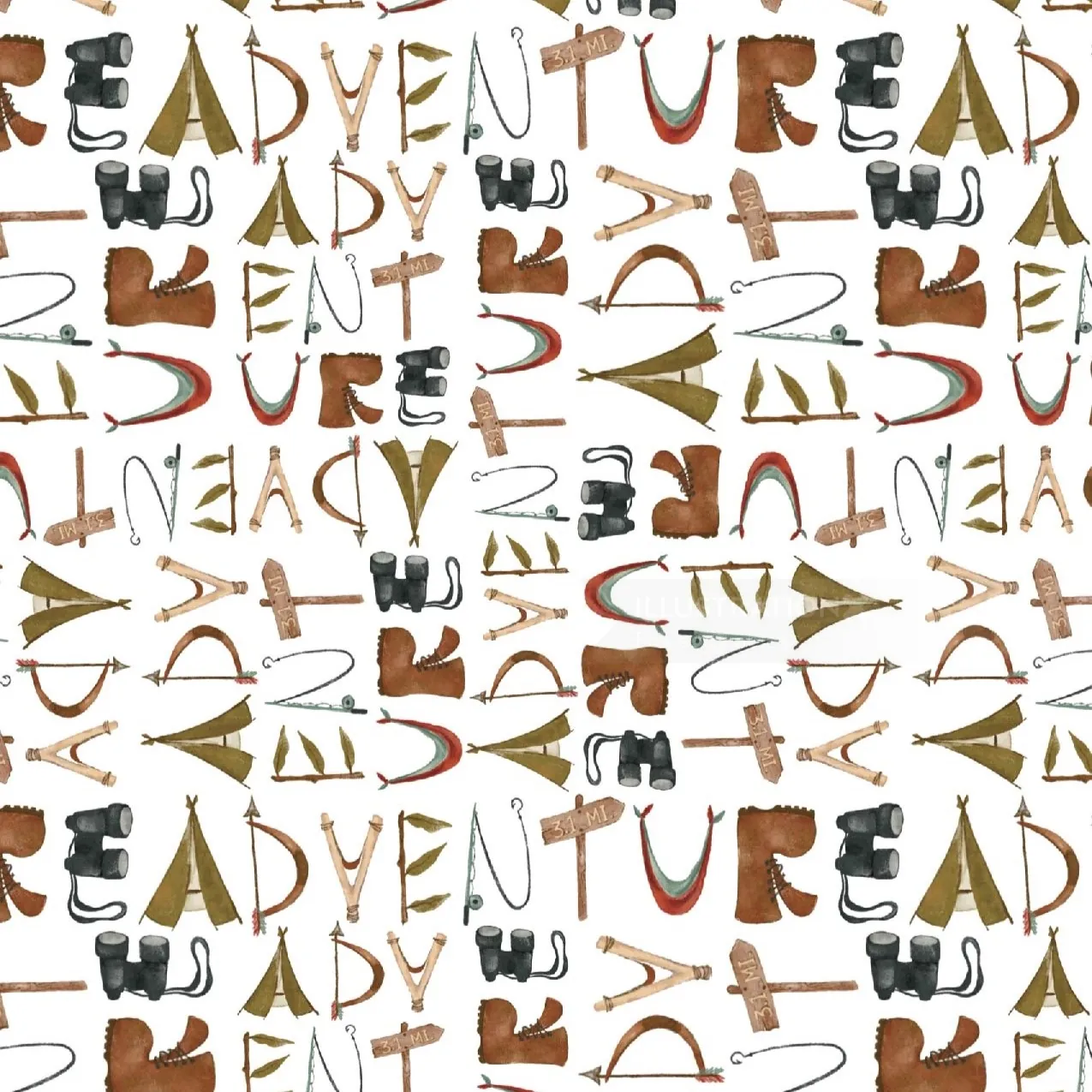 Pattern of camping and hiking gear with the word adventure repeated