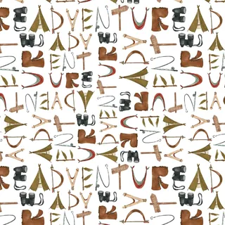 Pattern of camping and hiking gear with the word adventure repeated